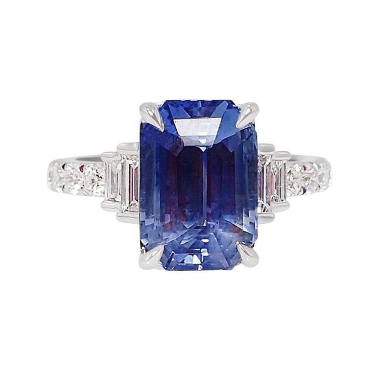 Platinum Sapphire Ring, 5.03 Carat Emerald Ceylon Natural Sapphire GIA Certified For Sale