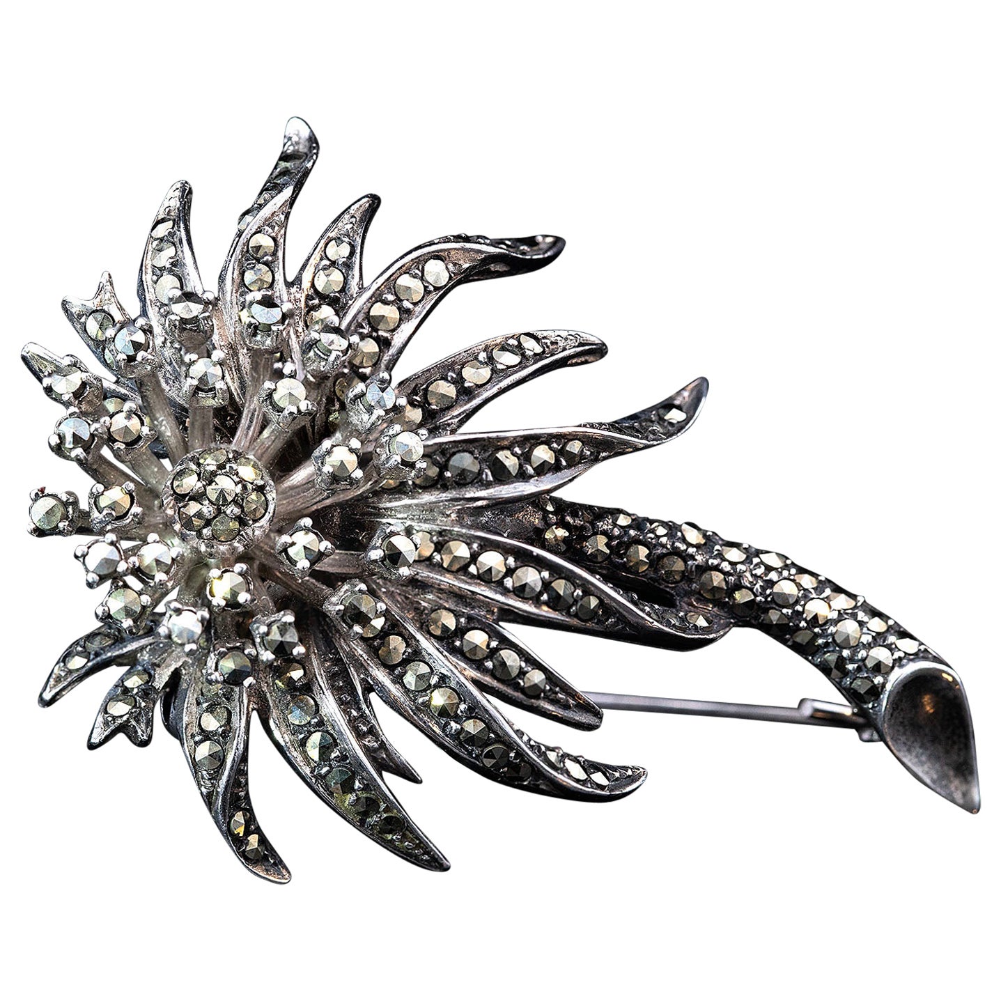 Retro Silver Marcasite Floral Brooch Hallmarked London 1964 For Sale