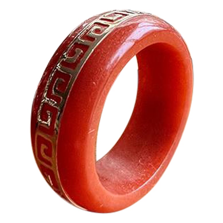 Li Red Jade Band Ring (With 14k Solid Gold) - Cocktail Ring for Men and Women For Sale