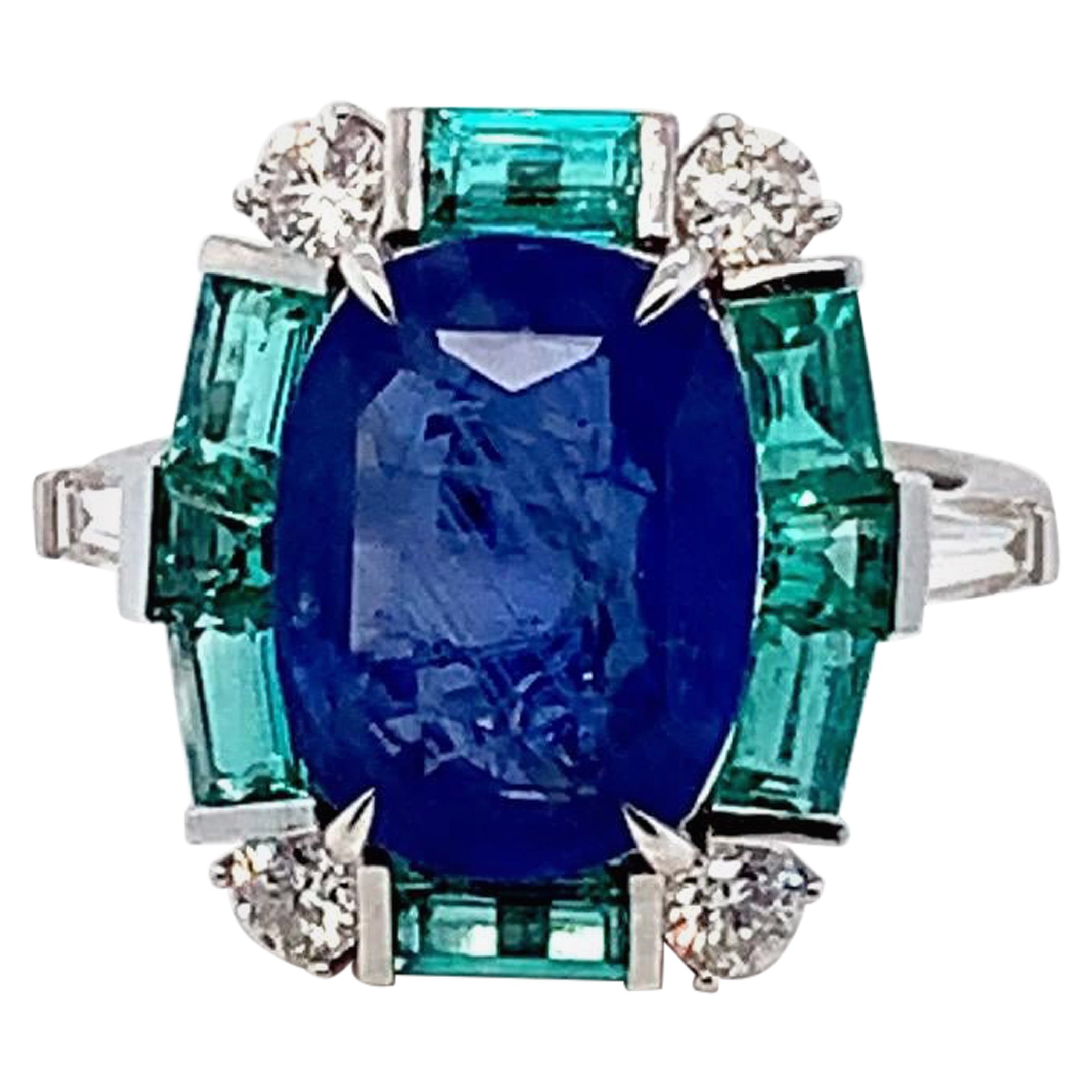 GRS Certified 6.24 Carat Burmese Blue Sapphire and Emerald Cocktail Ring For Sale