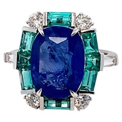 GRS Certified 6.24 Carat Burmese Blue Sapphire and Emerald Cocktail Ring