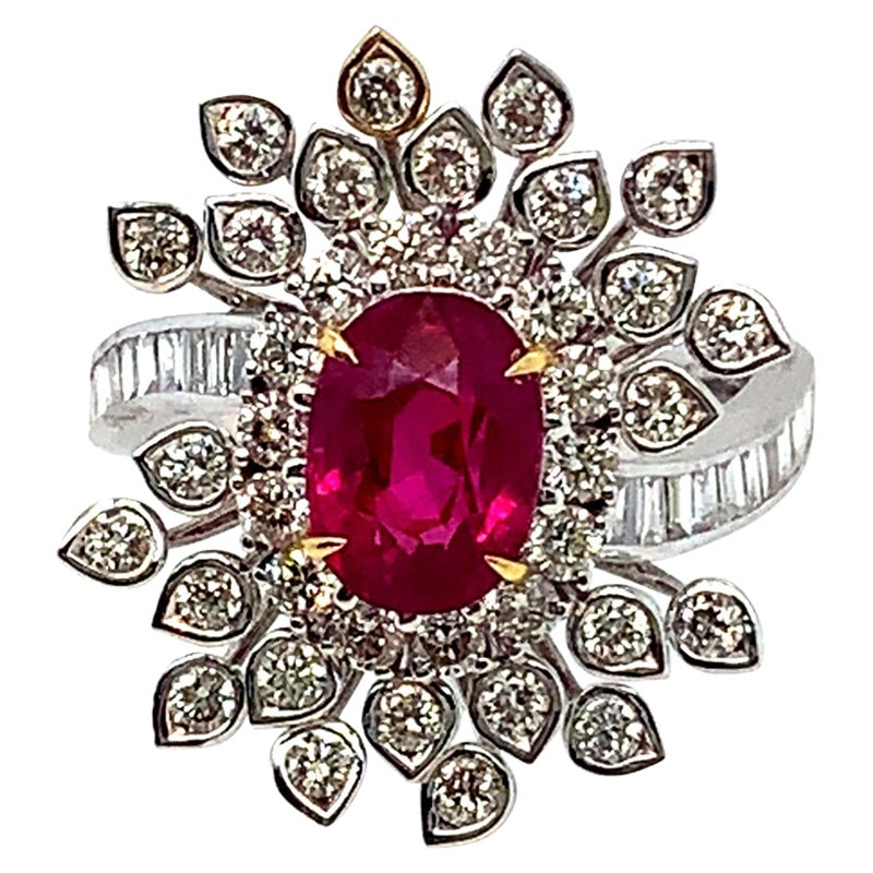 GRS Certified 3.08 Carat Burmese No Heat Ruby and Diamond Cocktail Ring 