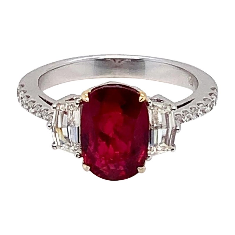 GIA Certified Heated 3.17 Carat Pigeon Blood Ruby and Diamond Engagement Ring For Sale