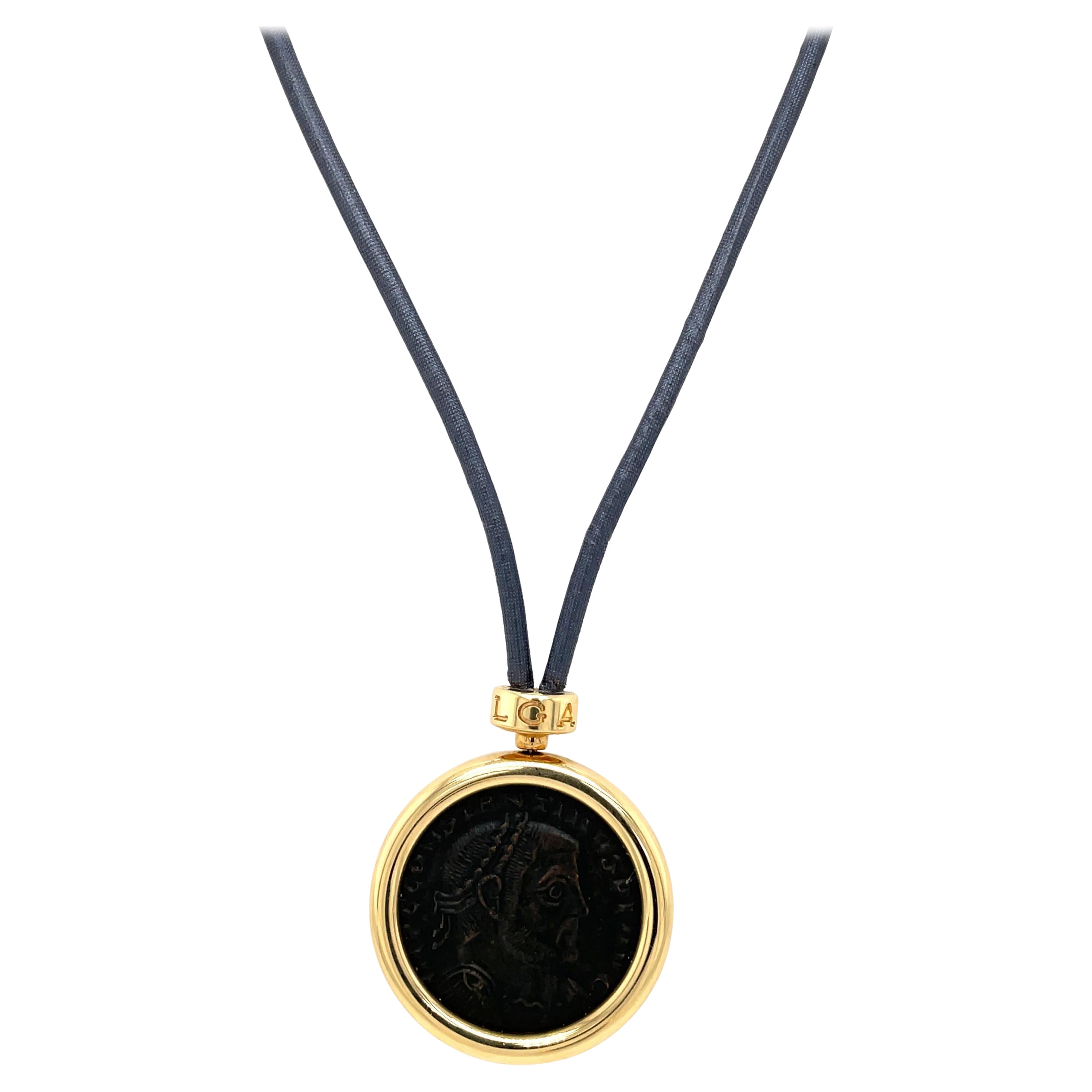 Bulgari Monete Constantinus Coin Black Lace Yellow Gold Pendant Necklace For Sale