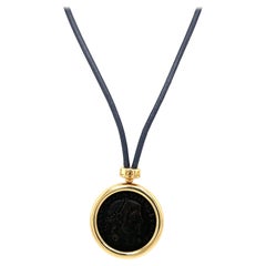 Vintage Bulgari Monete Constantinus Coin Black Lace Yellow Gold Pendant Necklace