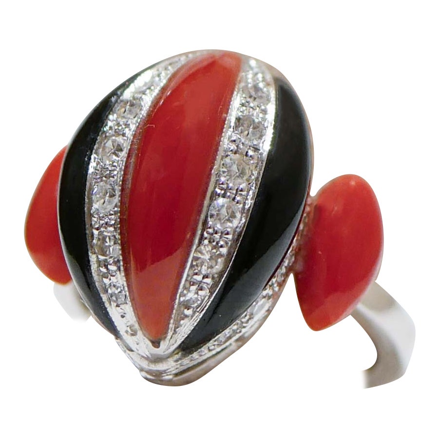 Coral, Onyx, Diamonds, Platinum Ring. For Sale