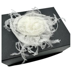 Used Chanel Camellia White Silk Crepe and Feathers Brooch Made In France