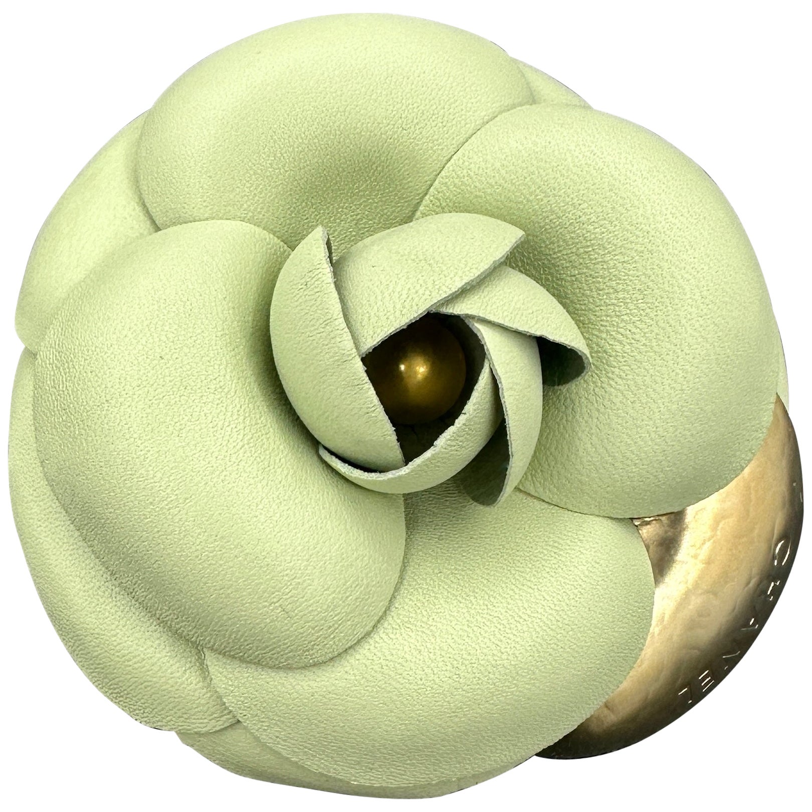 Vintage Chanel Camellia Flower Leather Brooch Seafoam Green Made In France For Sale