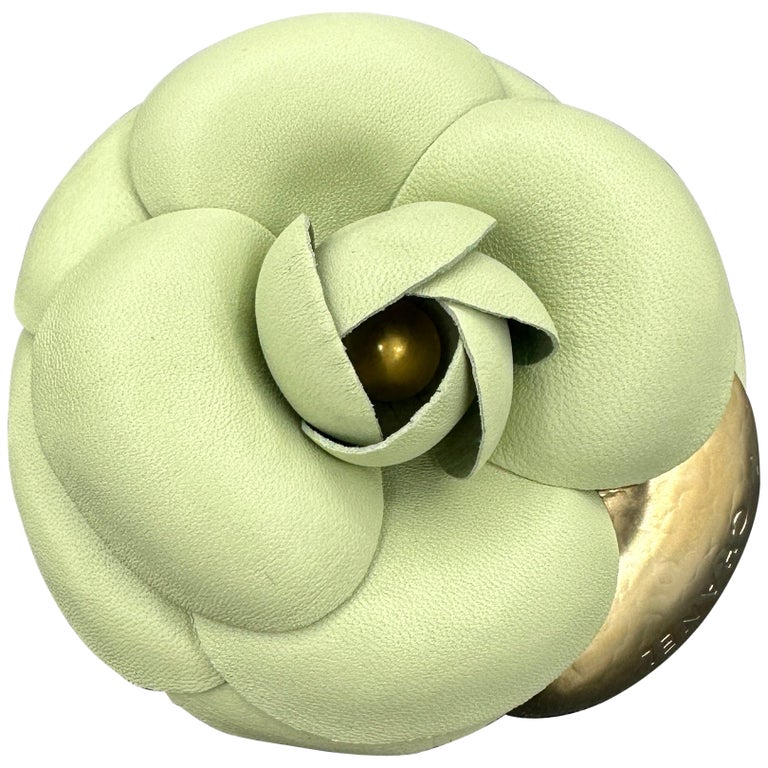 Vintage Chanel Camellia Flower Leather Brooch Seafoam Green Made 