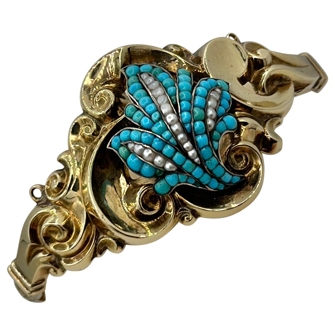 Victorian Turquoise Pearl Gold Bangle Bracelet Scroll Leaf Motif For Sale