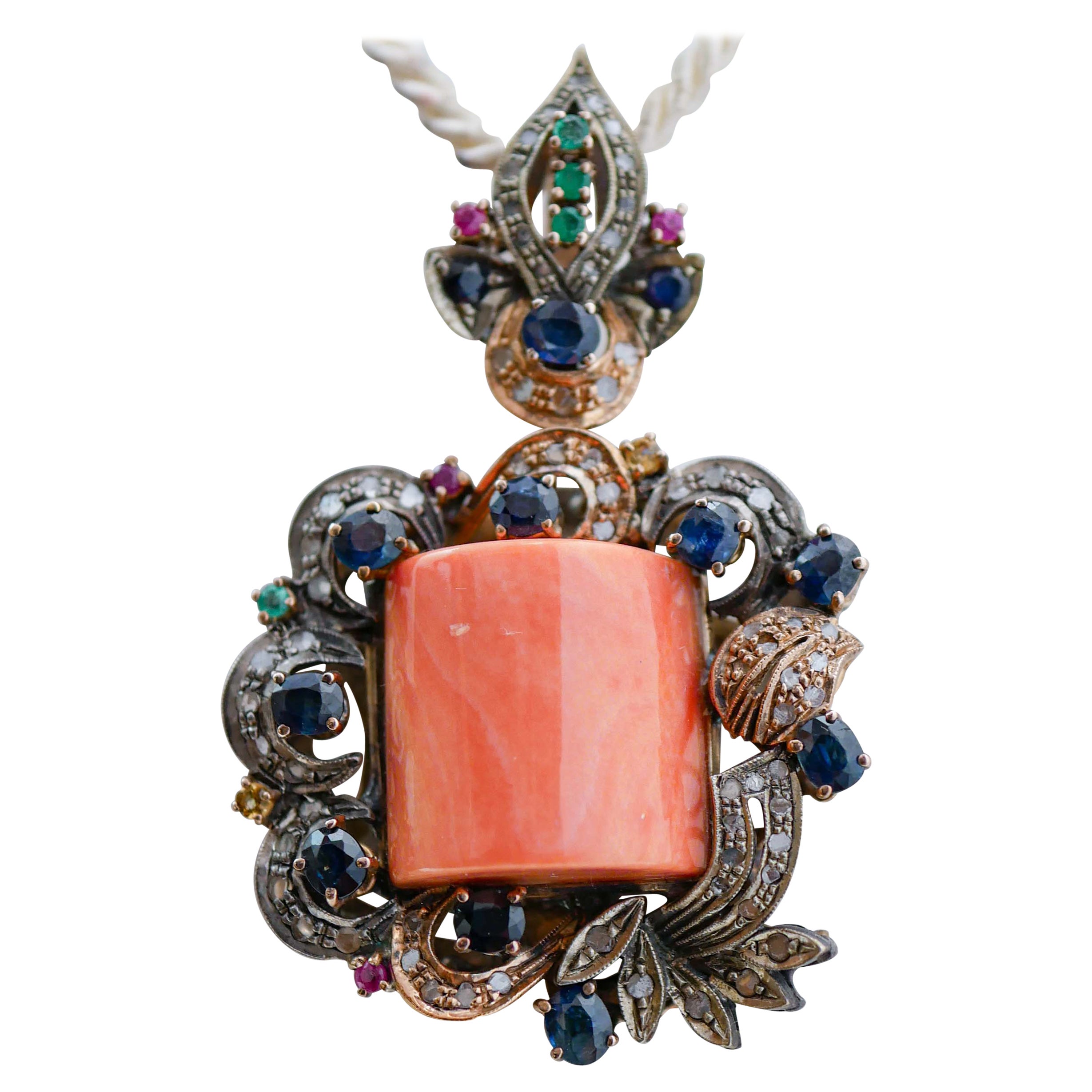 Coral, Emeralds, Rubies, Sapphires, Diamonds, Rose Gold and Silver Pendant. For Sale