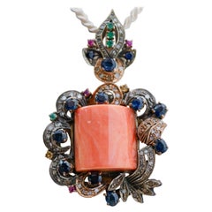 Vintage Coral, Emeralds, Rubies, Sapphires, Diamonds, Rose Gold and Silver Pendant.