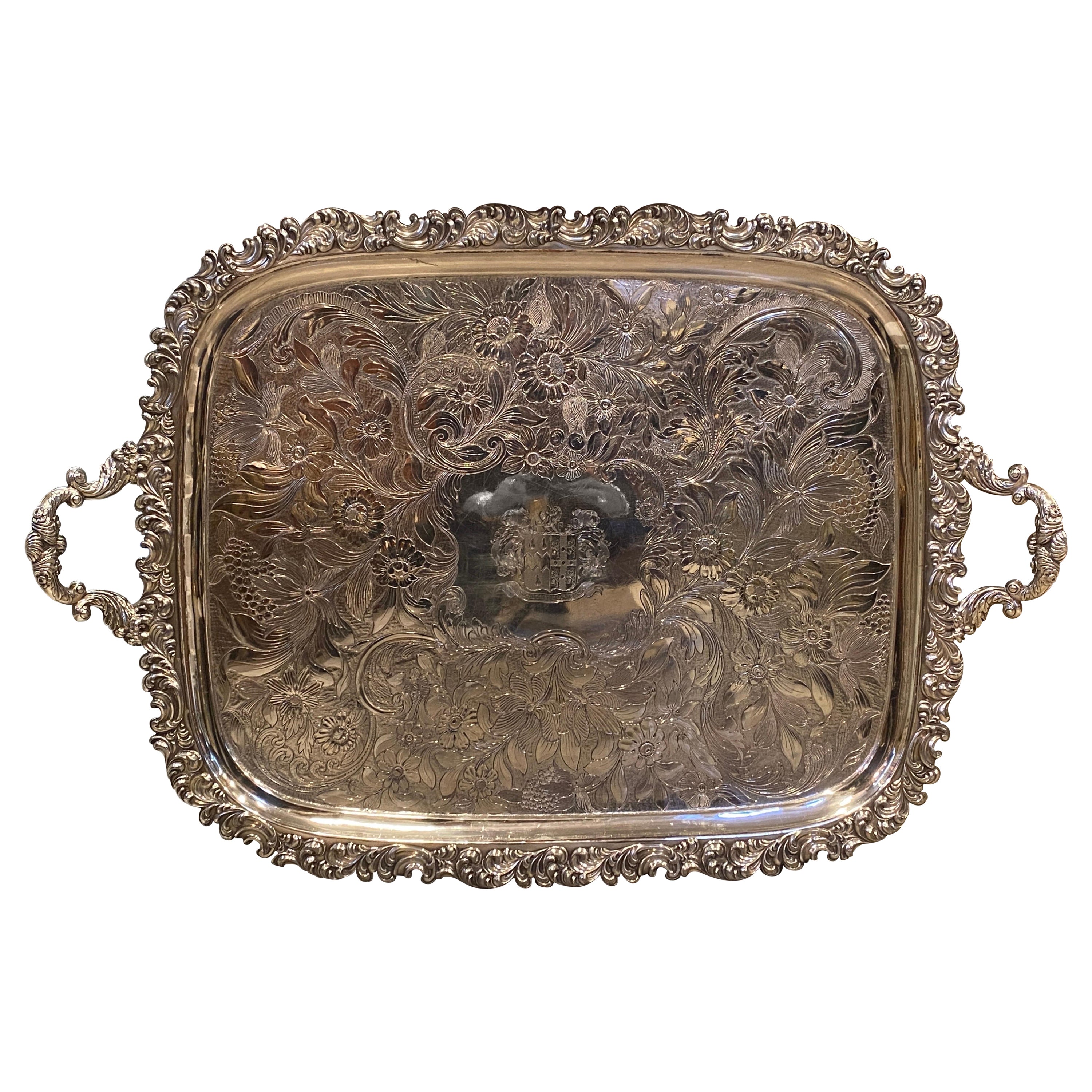 32" Antique Early 19th Century, George III Old Sheffield Silverplate Tray For Sale