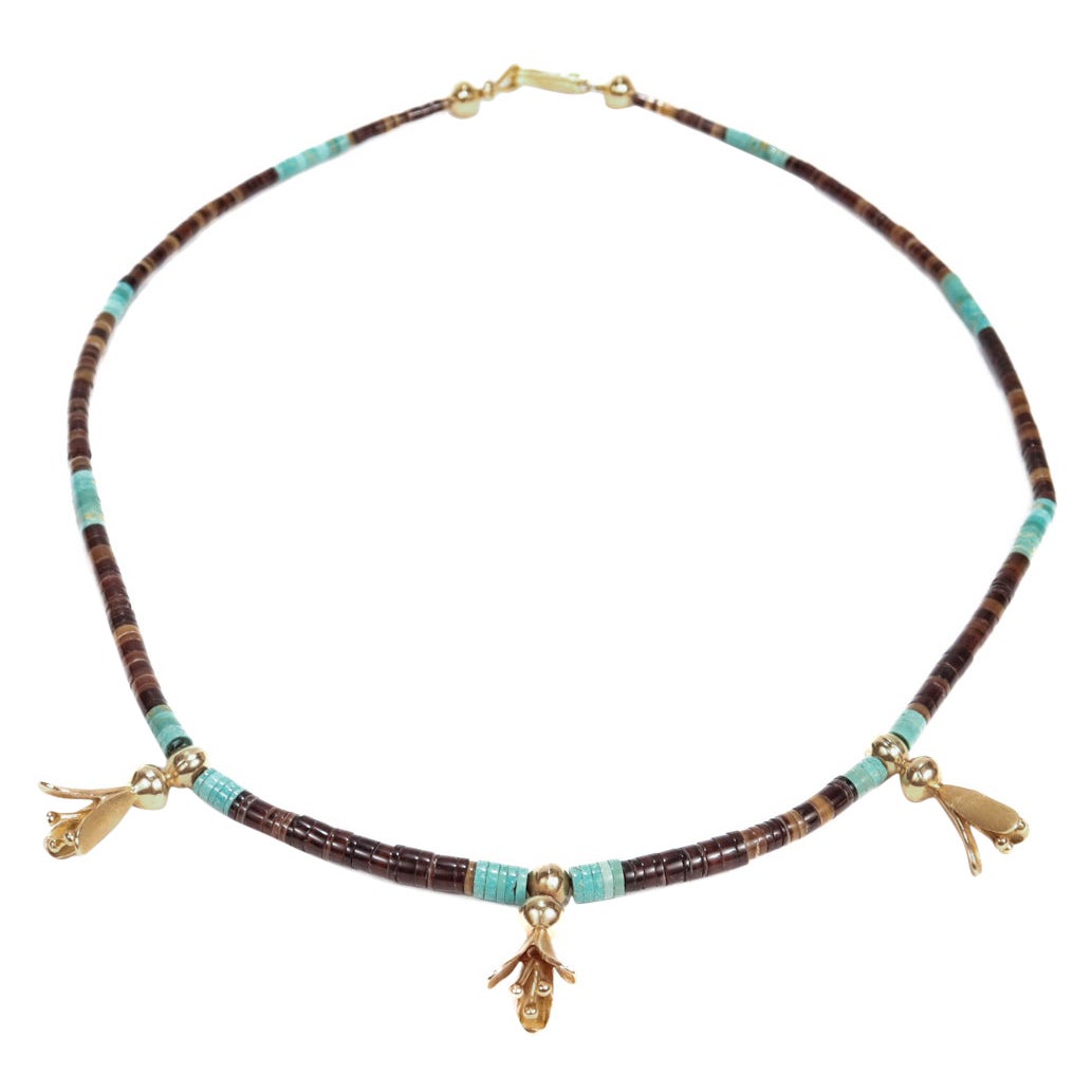 Southwestern 14k Gold Turquoise & Agate Beaded Squash Blossom Necklace For Sale