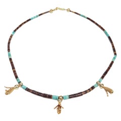Used Southwestern 14k Gold Turquoise & Agate Beaded Squash Blossom Necklace