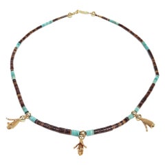 Retro Southwestern 14k Gold Turquoise & Agate Beaded Squash Blossom Necklace