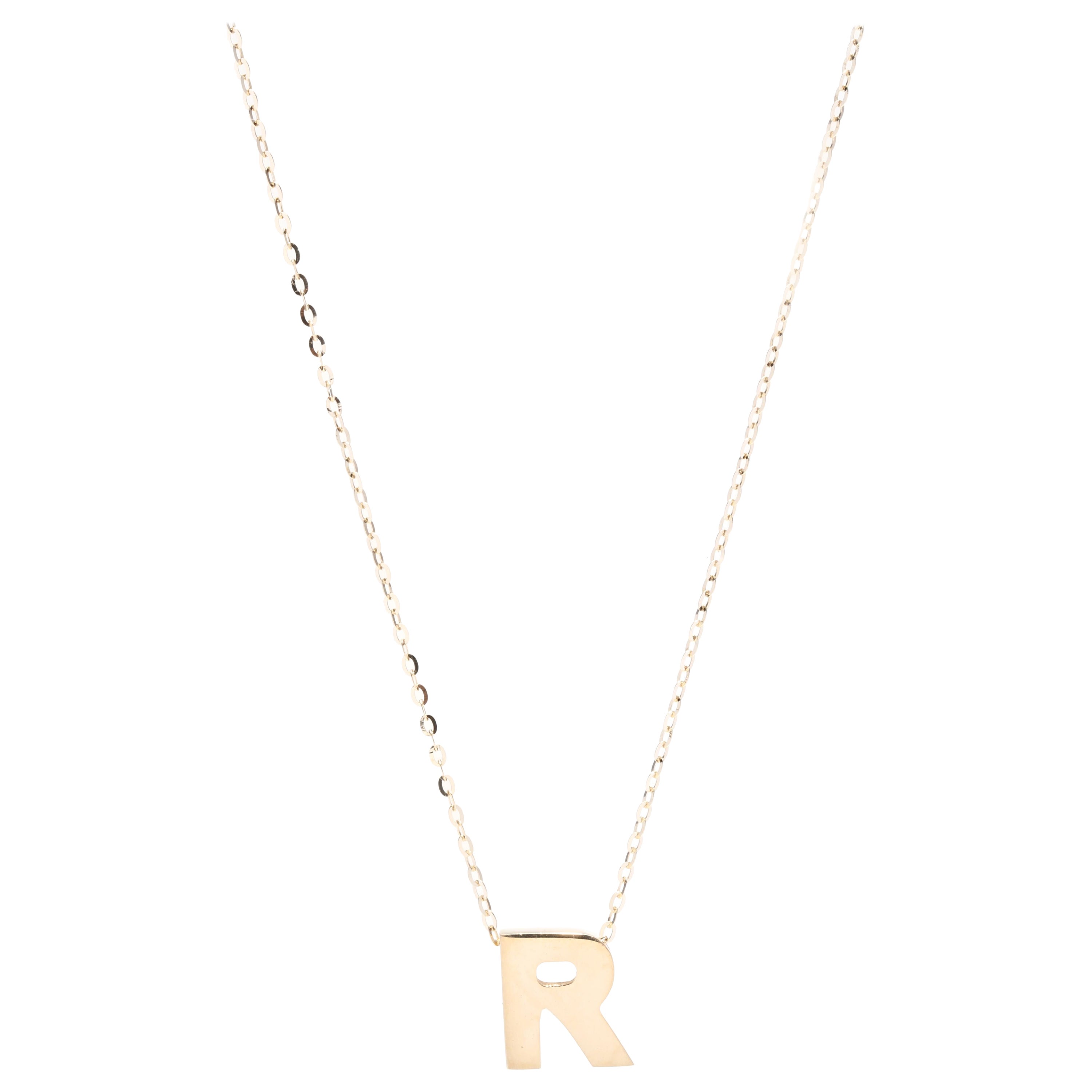 Gold R Initial Necklace, 14KT Yellow Gold, Length 16 Inches, Initial Pendant