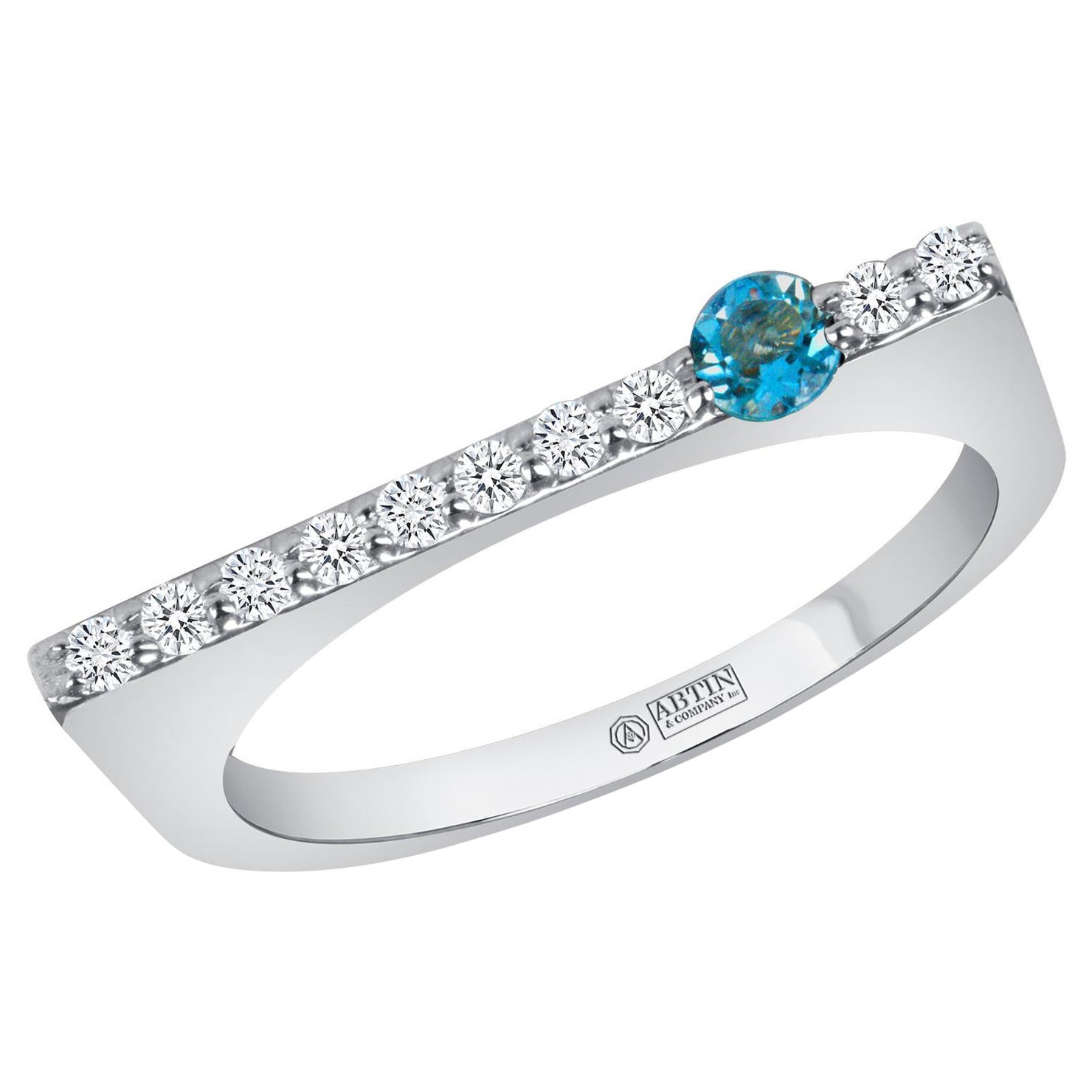 14K White Gold Modern Dainty Bar Diamond & Aquamarine Stackable Band Ring For Sale