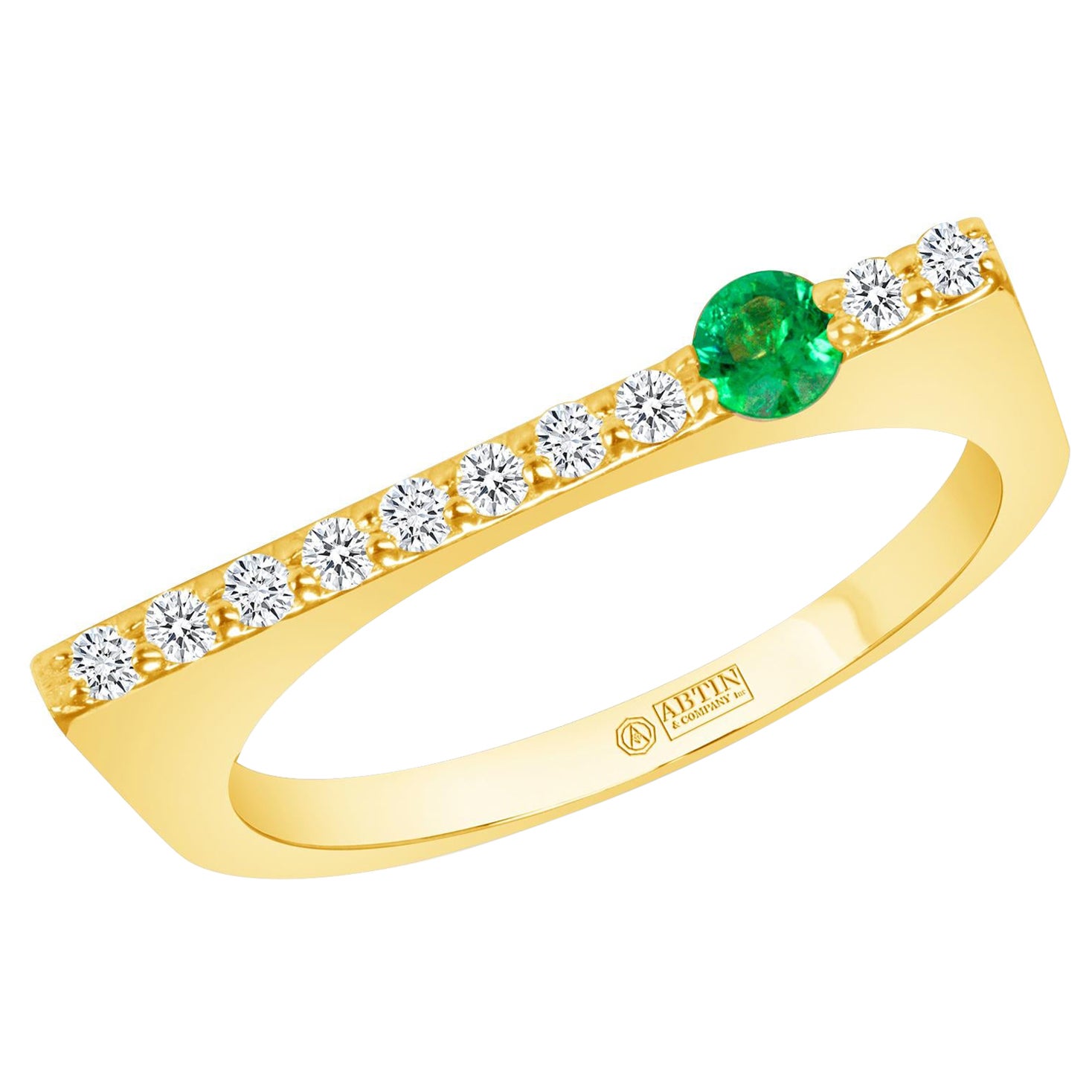14K Yellow Gold Modern Dainty Bar Diamond & Blue Emerald Stackable Band Ring For Sale