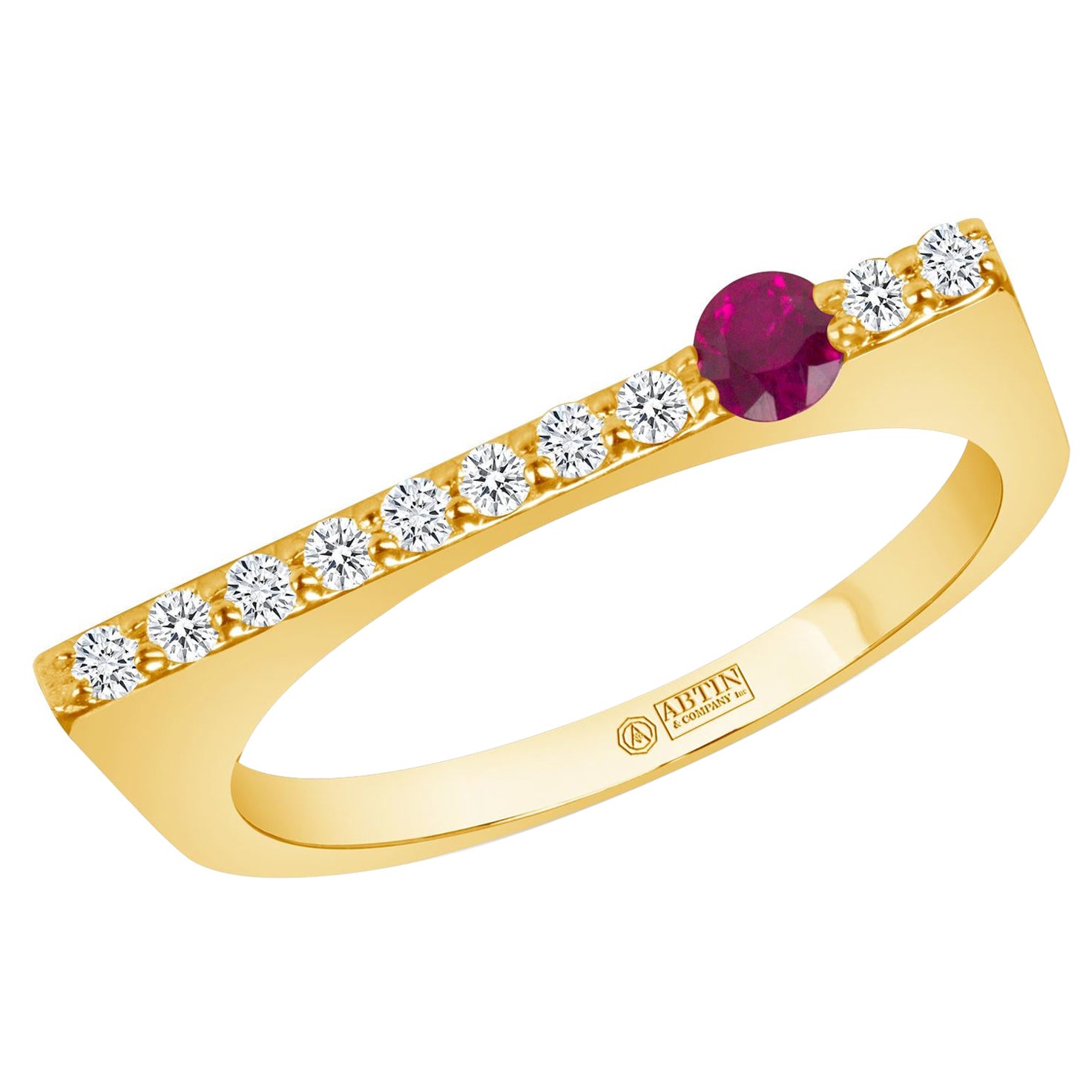 14K Yellow Gold Modern Dainty Bar Diamond & Ruby Stackable Band Ring For Sale