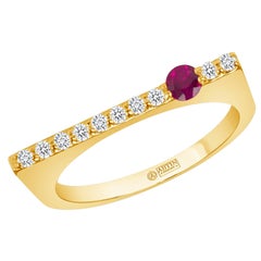 14K Yellow Gold Modern Dainty Bar Diamond & Ruby Stackable Band Ring