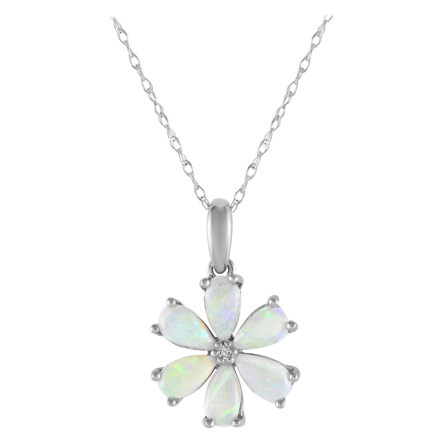 LB Exclusive 14K White Gold 0.01ct Diamond and Opal Flower Necklace PD4-15845WOP For Sale
