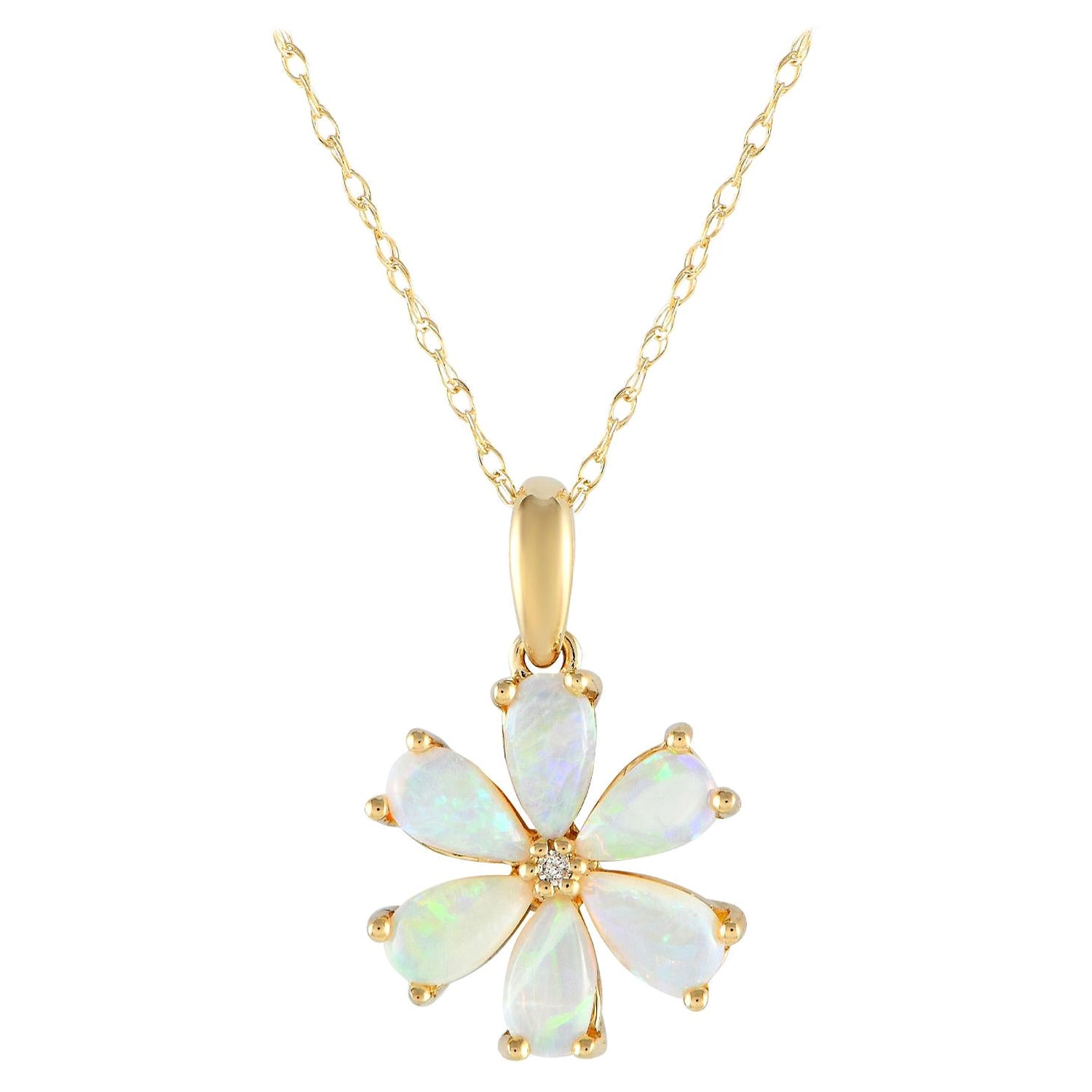 LB Exclusive 14K Yellow Gold 0.01ct Diamond & Opal Flower Necklace PD4-15845YOP For Sale