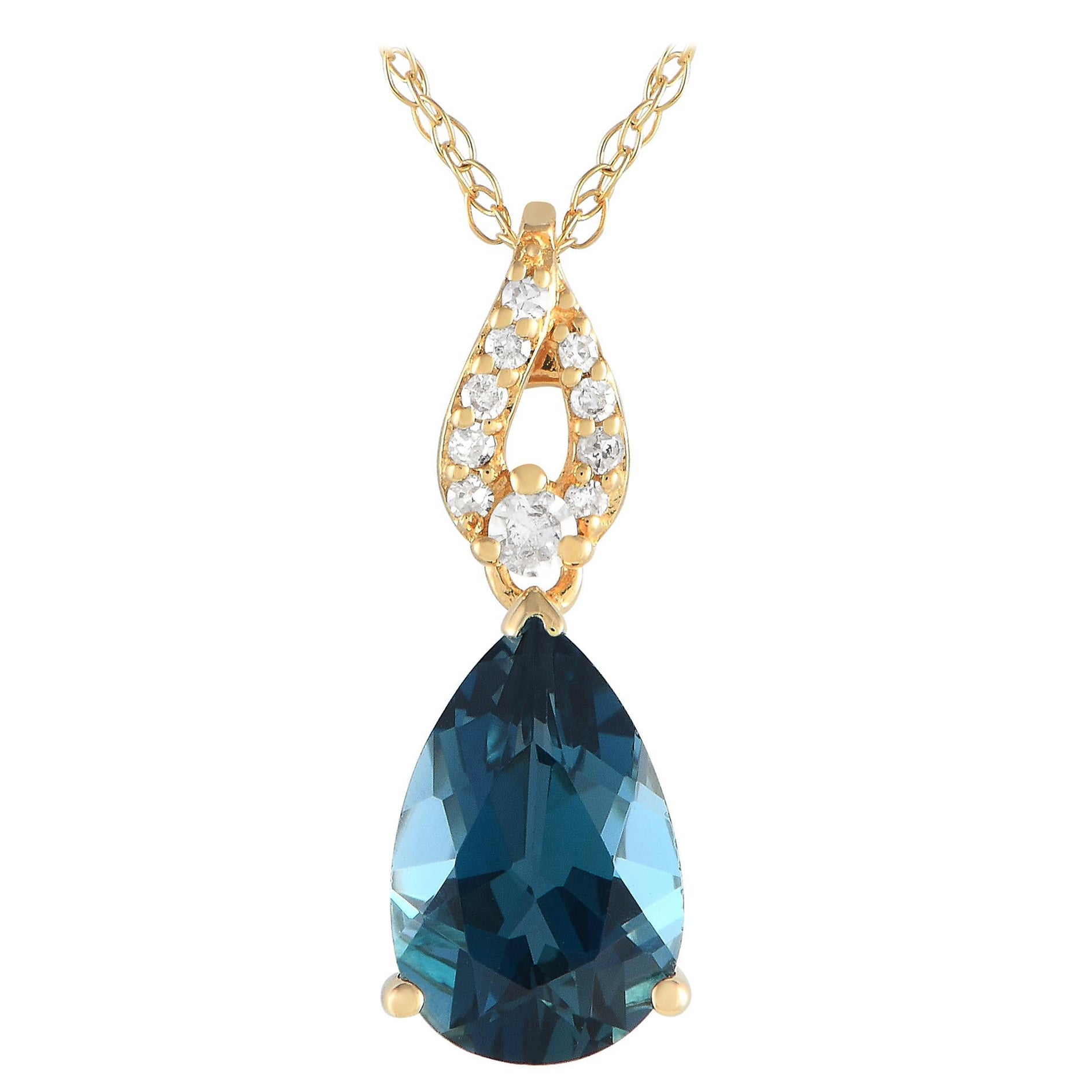 LB Exclusive 14K Yellow Gold 0.06ct Diamond and Blue Topaz Necklace PD4-16184YBT For Sale