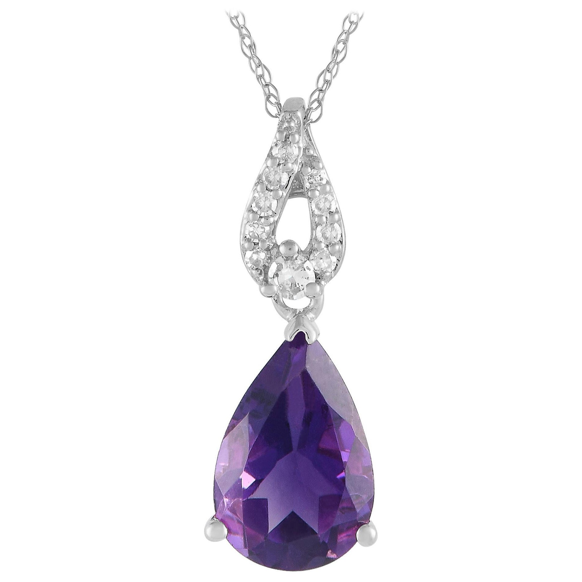 LB Exclusive 14K White Gold 0.06ct Diamond & Amethyst Pear Necklace PD4-16184WAM For Sale