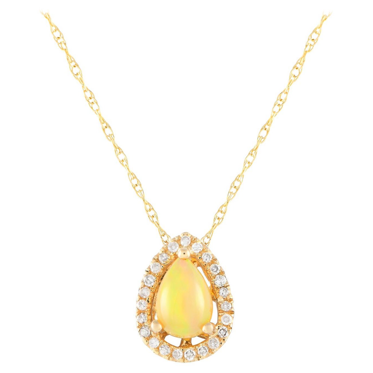 LB Exclusive 14K Yellow Gold 0.07ct Diamond and Opal Pear Necklace PD4-15949YOP For Sale