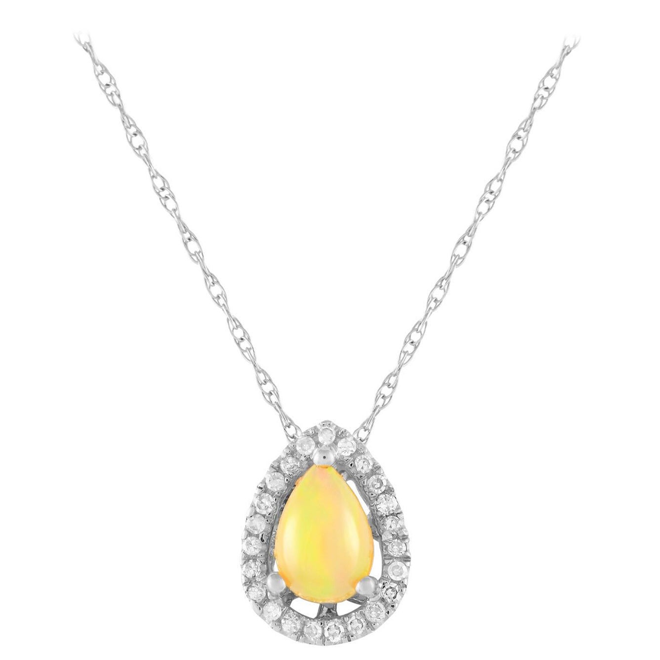 LB Exclusive 14K White Gold 0.05ct Diamond and Opal Pear Necklace PD4-15949WOP For Sale