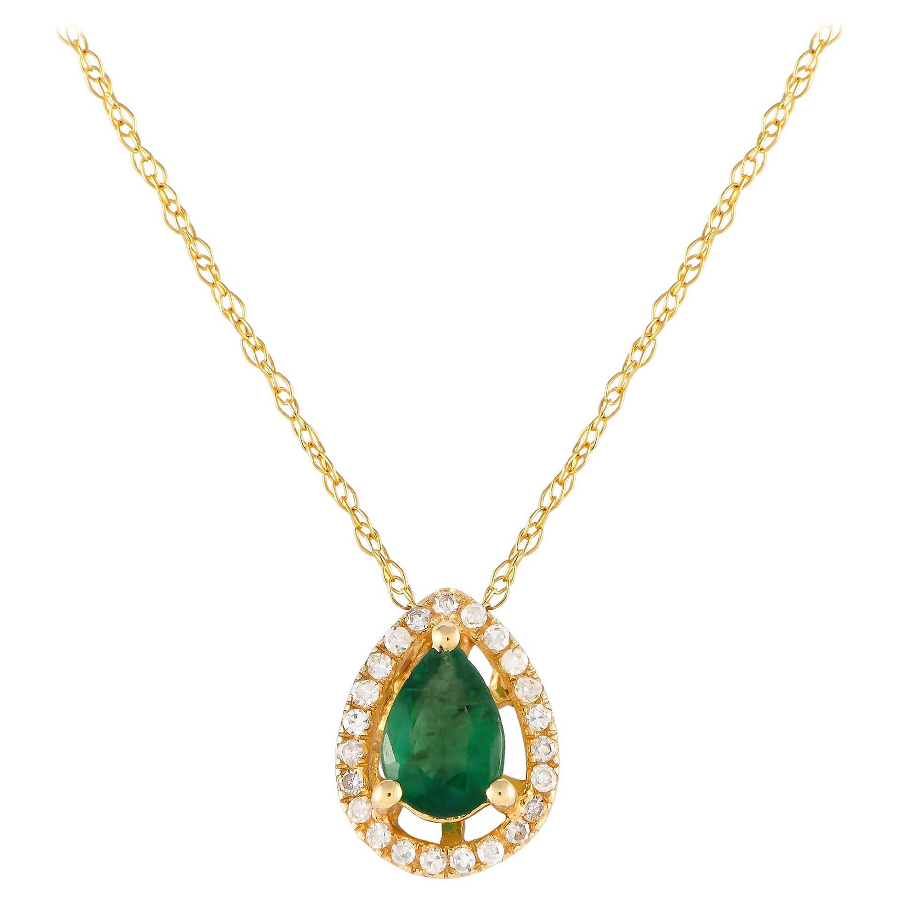 LB Exclusive 14K Yellow Gold 0.07ct Diamond & Emerald Pear Necklace PD4-15949YEM For Sale