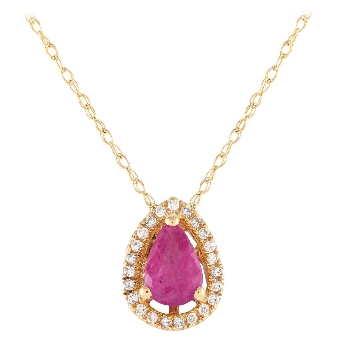 LB Exclusive 14K Yellow Gold 0.07ct Diamond and Ruby Pear Necklace PD4-15949YRU For Sale