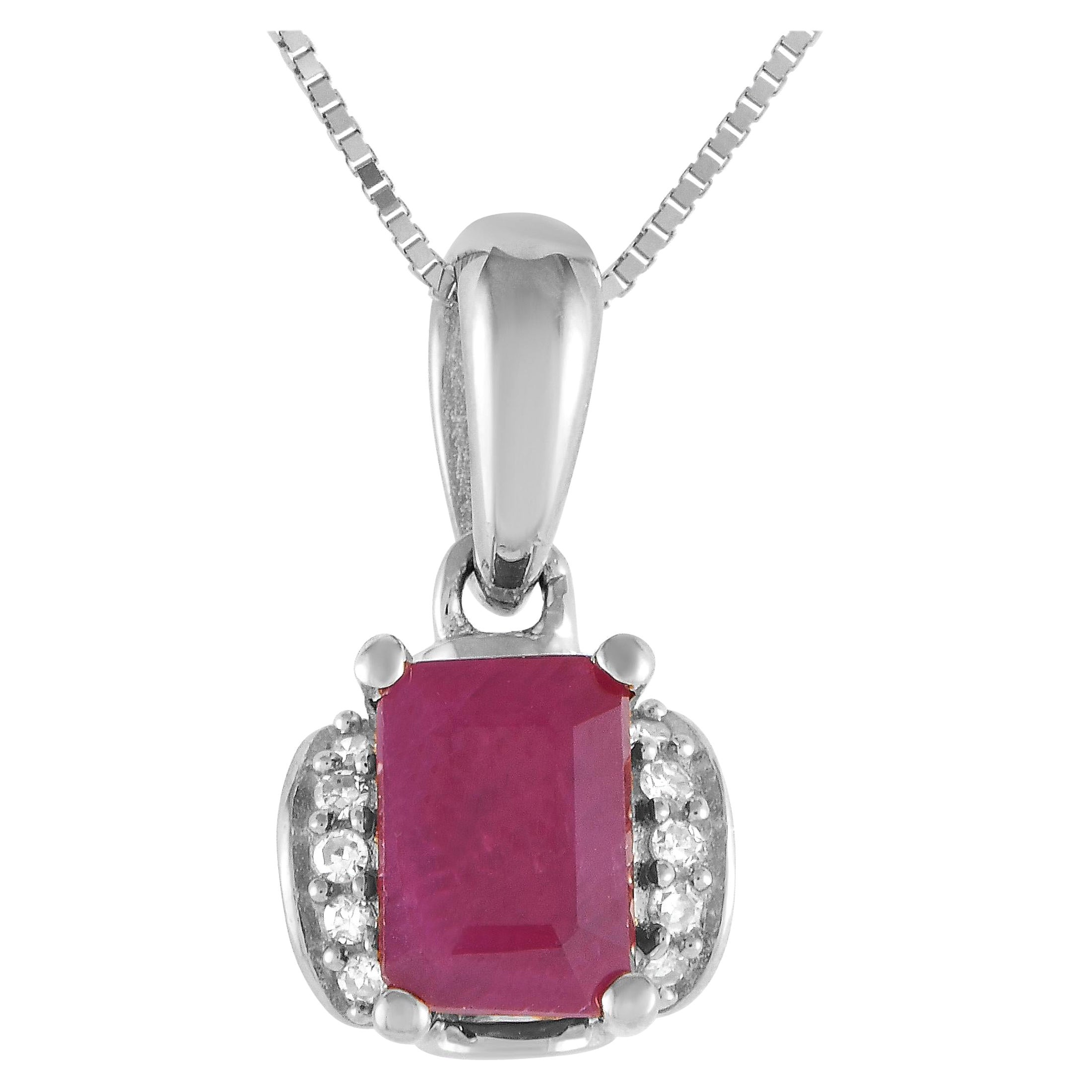 LB Exclusive 14K White Gold 0.03ct Diamond & Ruby Pendant Necklace PD4-16049WRU For Sale
