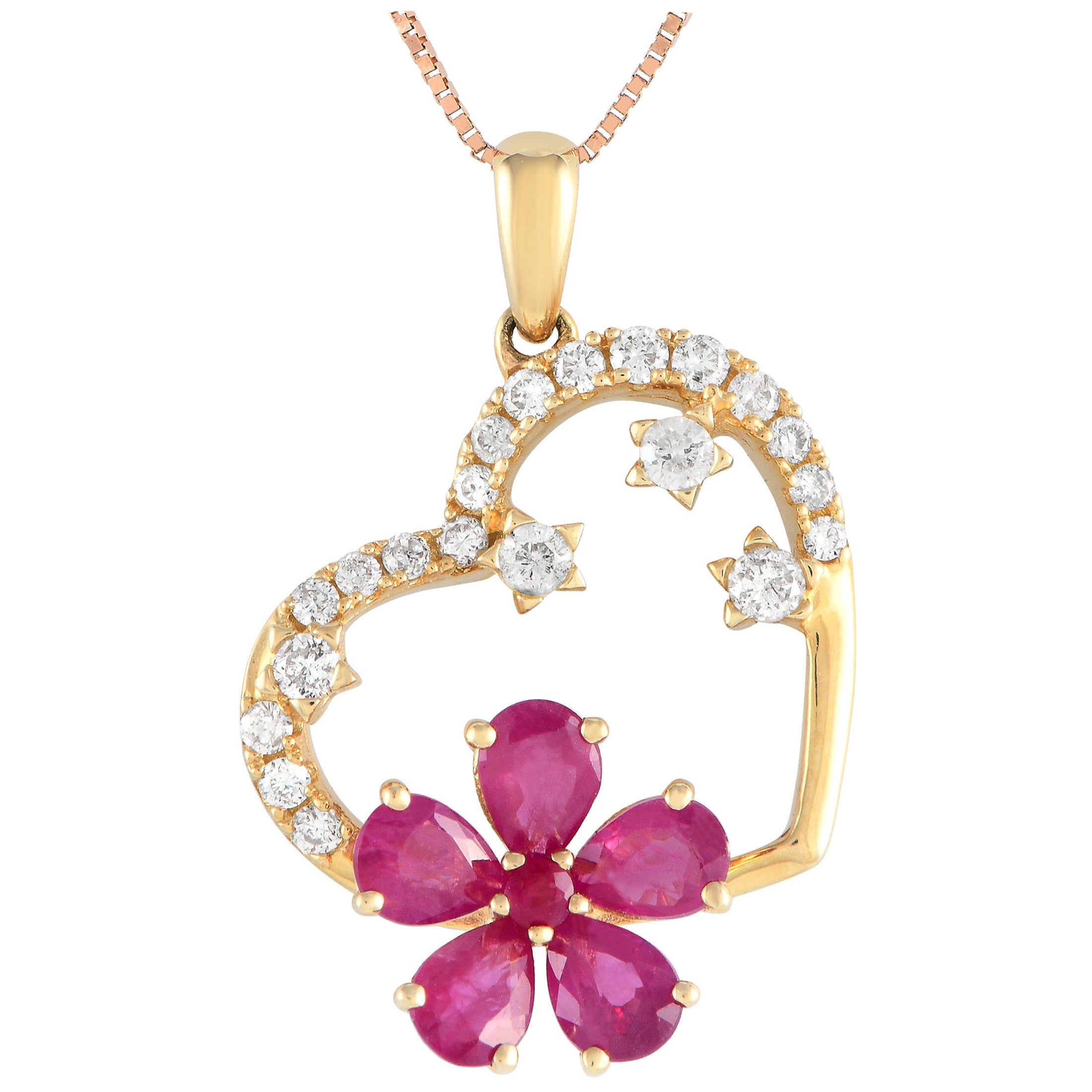 LB Exclusive 14K Yellow Gold 0.20ct Diamond Heart & Flower Necklace PH4-10098YRU For Sale