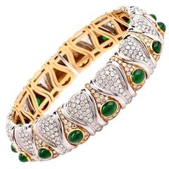 Spectacular  Diamond Emerald Cabochon Gold Choker Cuff Necklace