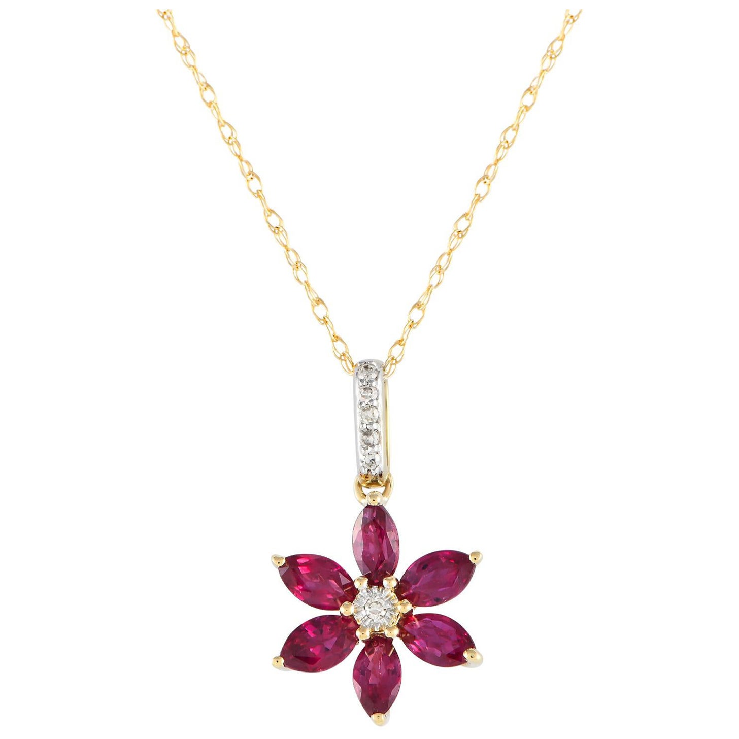 LB Exclusive 14K Yellow Gold 0.01ct Diamond & Ruby Flower Necklace PD4-16241YRU