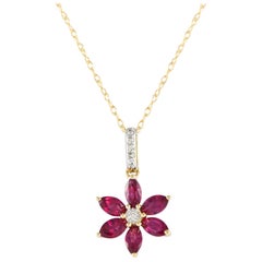 LB Exclusive Collier à fleurs PD4-16241YRU en or jaune 14 carats avec 0,01 carat de diamants et rubis