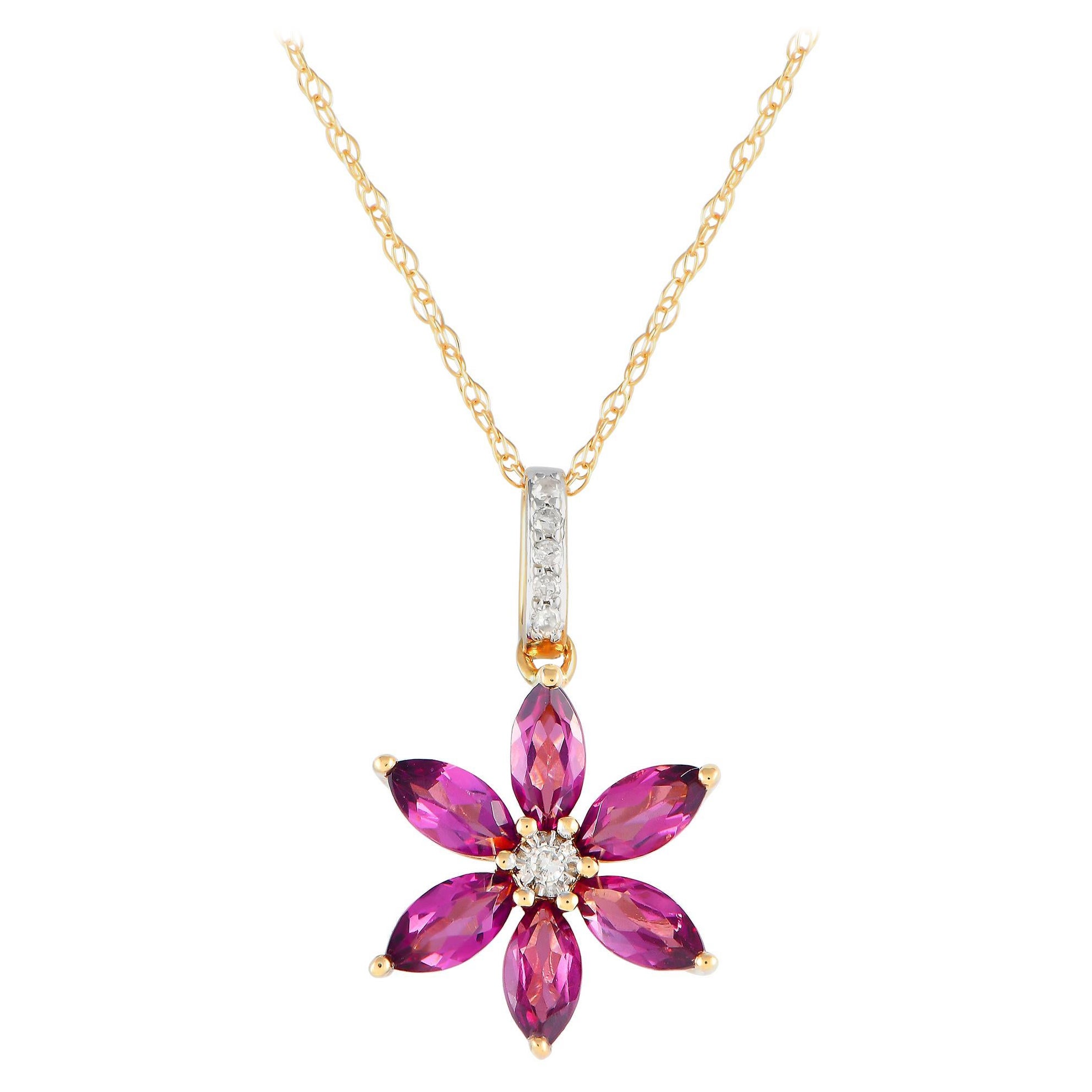 LB Exclusive 14K Yellow Gold 0.01ct Diamond & Rhodolite Necklace PD4-16241YRHOD For Sale