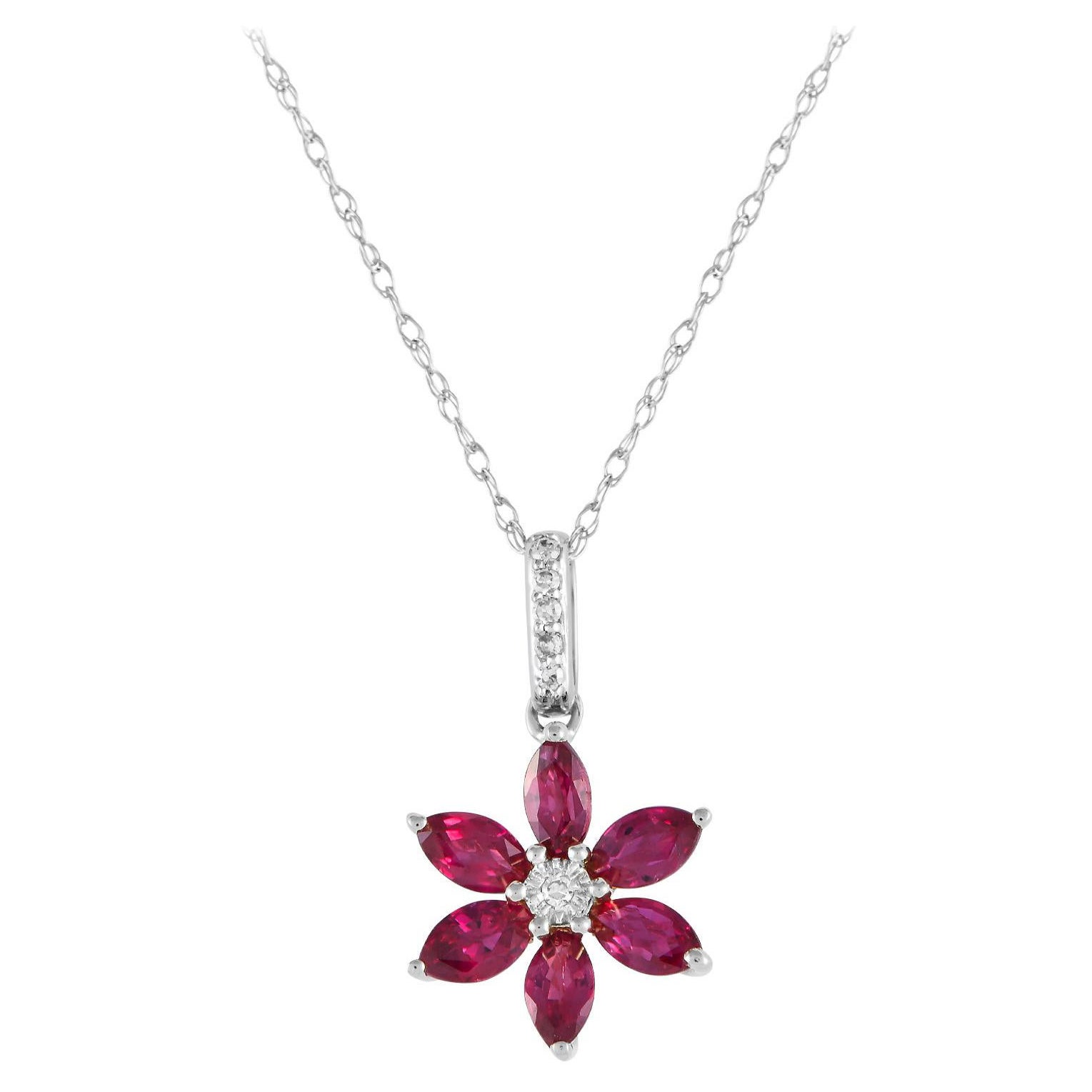 LB Exclusive 14K White Gold 0.01ct Diamond and Ruby Flower Necklace PD4-16241WRU For Sale