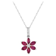 LB Exclusive 14K White Gold 0.01ct Diamond and Ruby Flower Necklace PD4-16241WRU