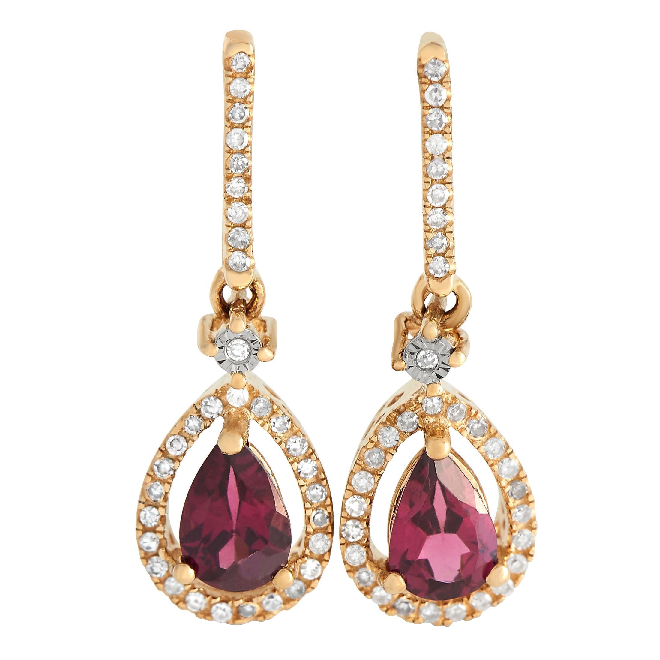 LB Exclusive 14K Yellow Gold 0.20ct Diamond & Garnet Pear Earrings ER4-15061YGA For Sale
