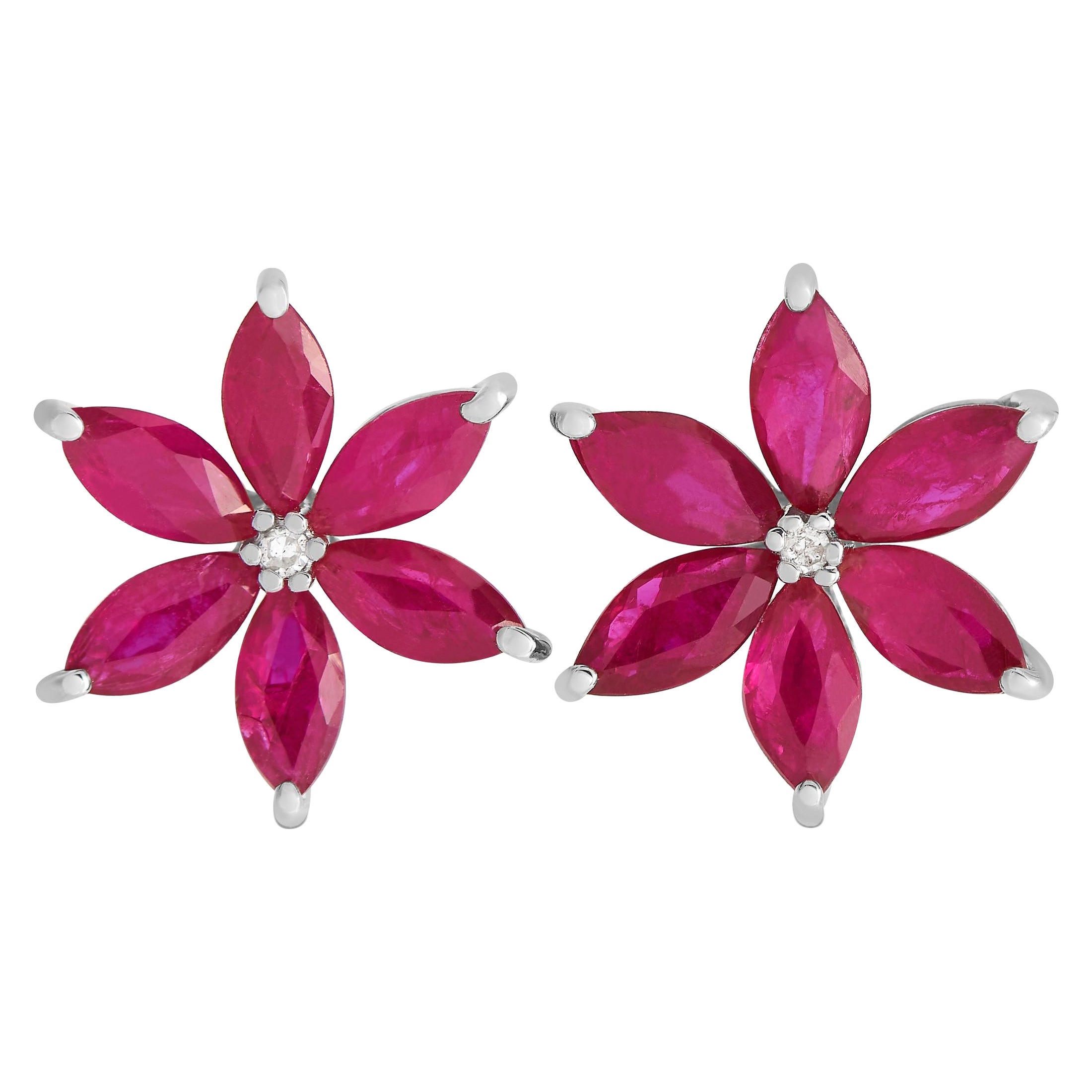 LB Exclusive 14K White Gold 0.01ct Diamond and Ruby Flower Earrings ER4-15657WRU For Sale