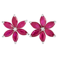 LB Exclusive 14K White Gold 0.01ct Diamond and Ruby Flower Earrings ER4-15657WRU