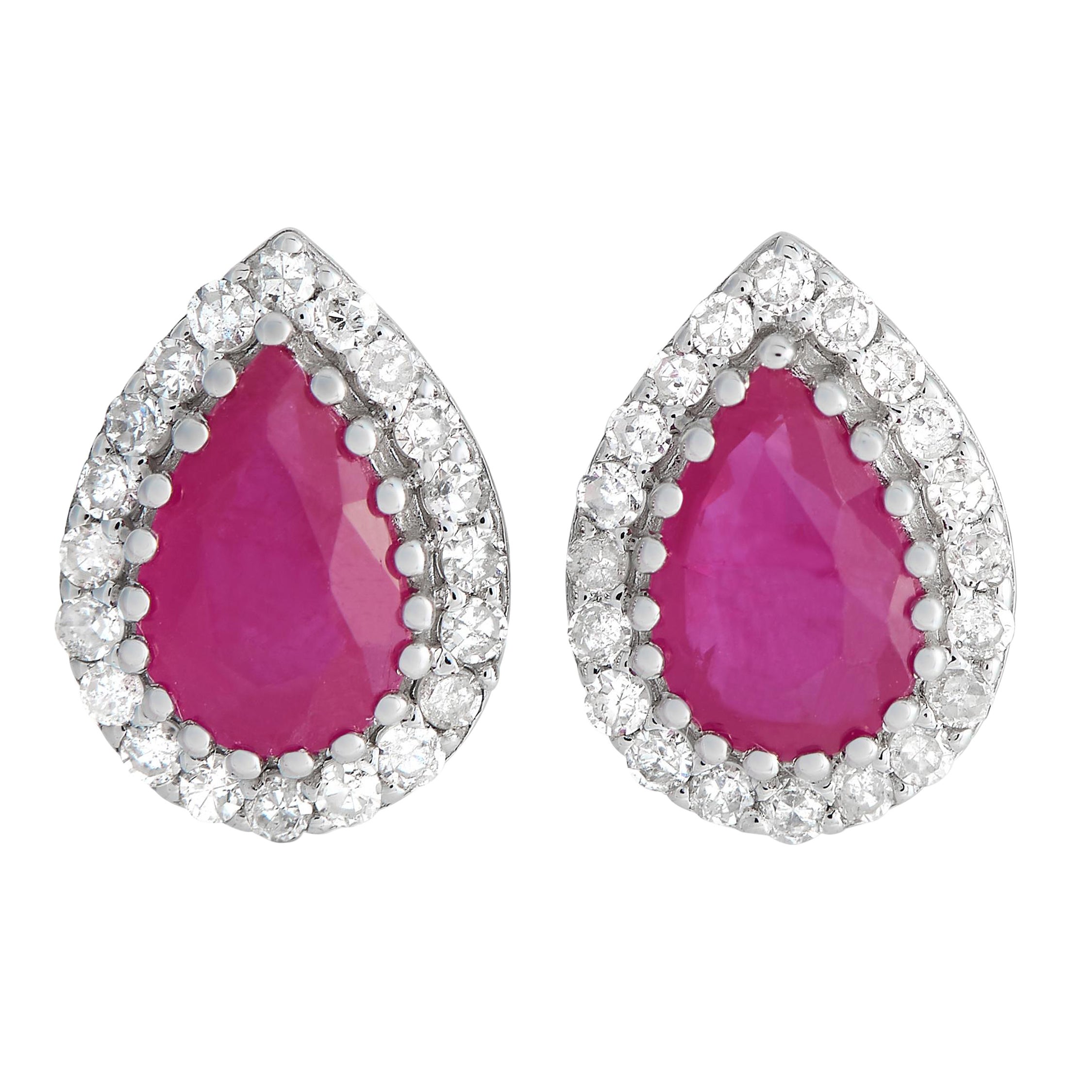 LB Exclusive 14K White Gold 0.17ct Diamond & Ruby Pear Stud Earring ER4-15272WRU For Sale