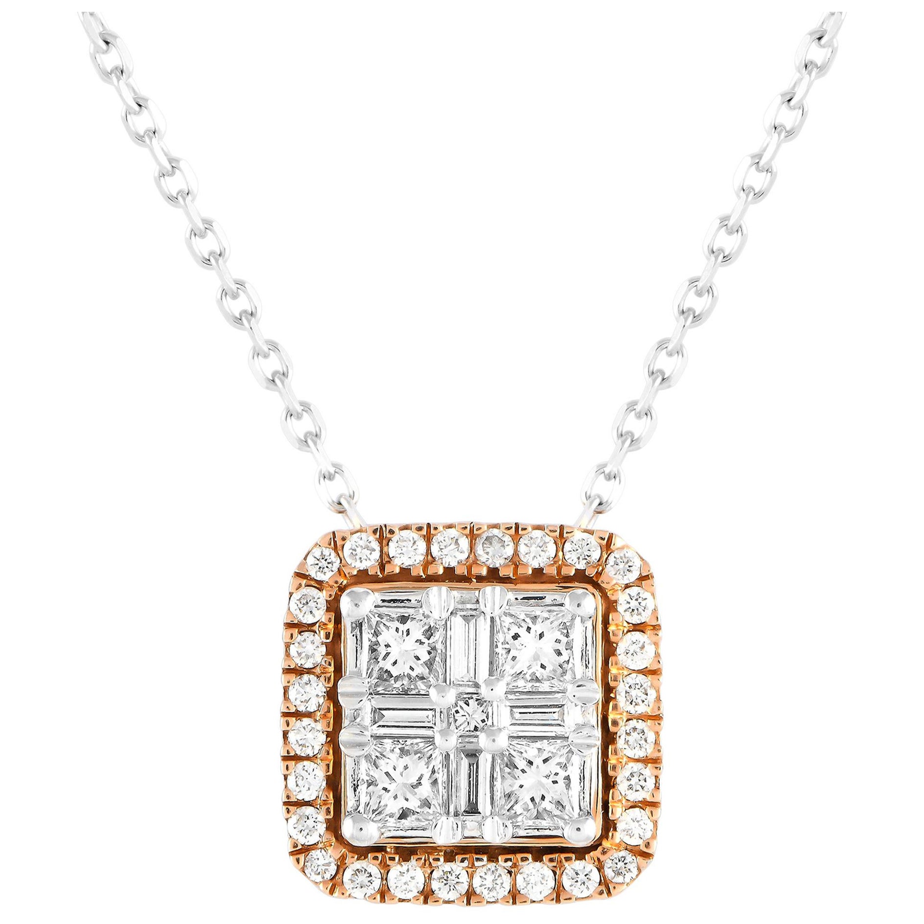 LB Exclusive 14K White and Rose Gold 0.50ct Diamond Cluster Necklace PN14658 For Sale
