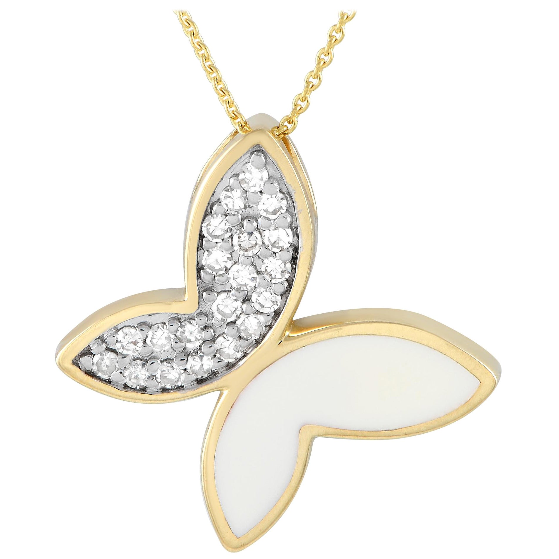 LB Exclusive 14K Yellow Gold 0.15ct Diamond Butterfly Pendant Necklace PN15064W For Sale