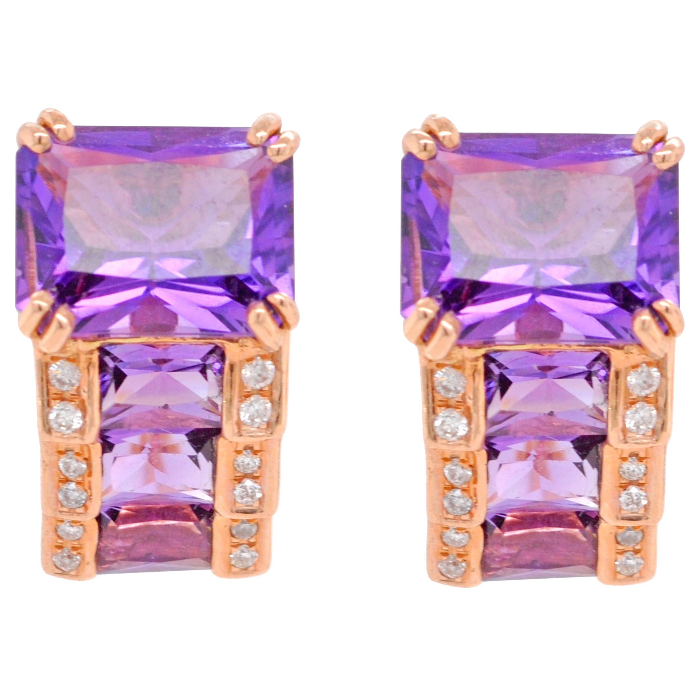 14 Karat Rose Gold Octagon Amethyst Step Design Stud Earrings