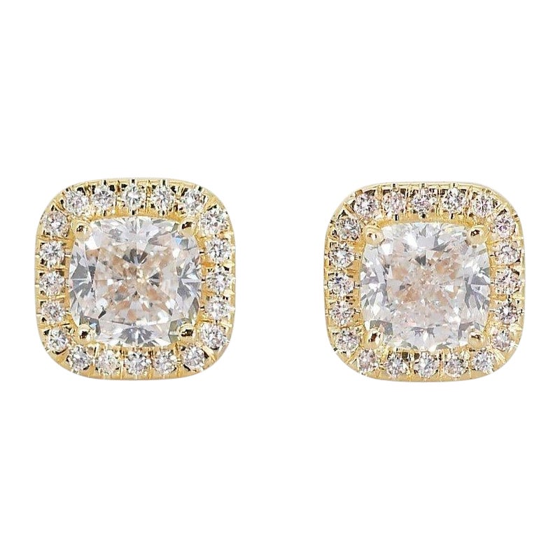 Mesmerizing Pair of Earrings with 3 carat Cushion Shape Natural Diamonds