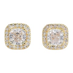 Mesmerizing Pair of Earrings with 3 carat Cushion Shape Natural Diamonds